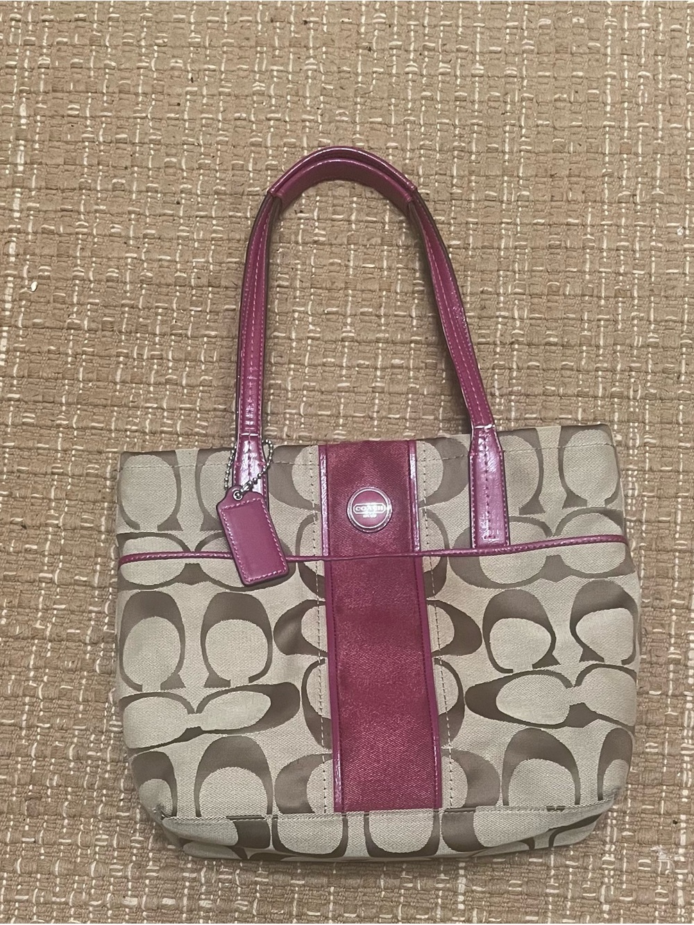 Coach Beige Signature Canvas Tote with Pink Leather Accents